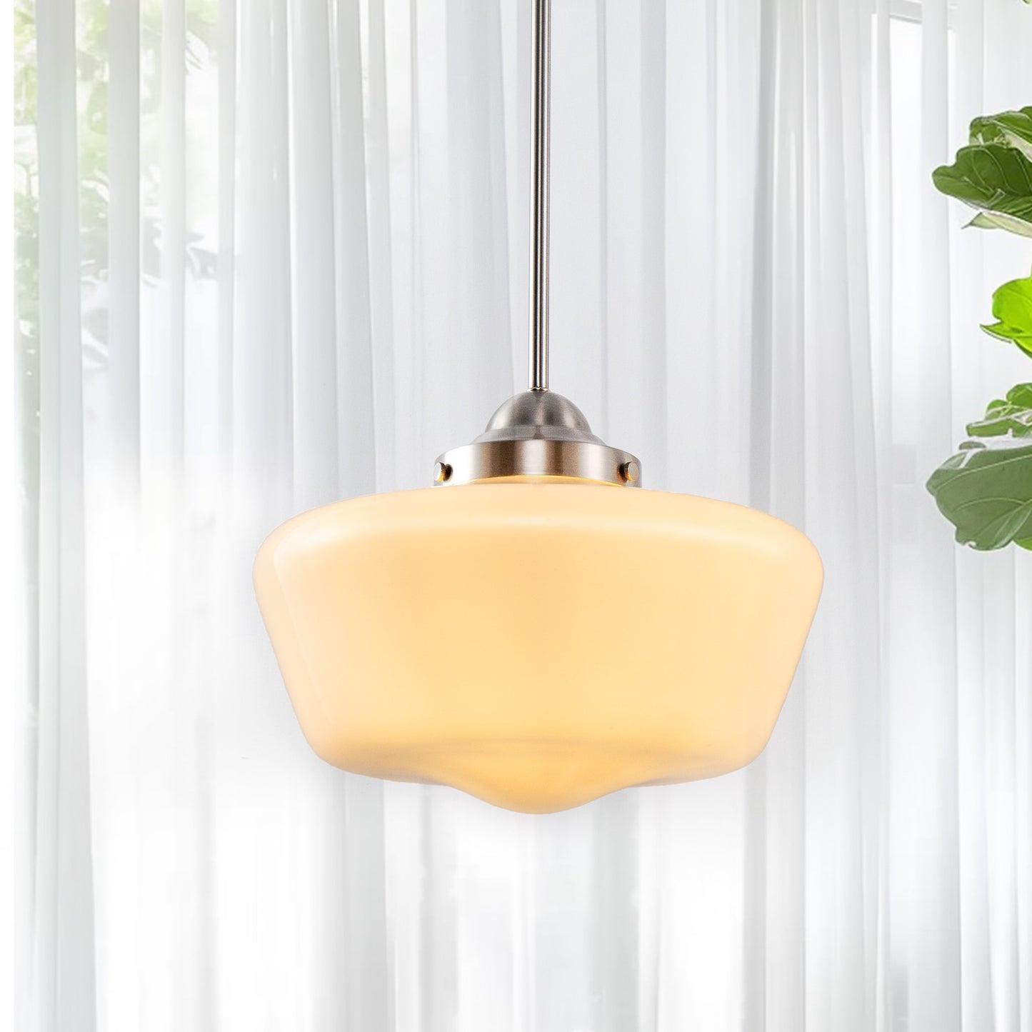 YANSUN 11.8 in. 1-Light Brushed Nickel Mini Dome Pendant Light with Milky Glass Shade and No Bulb Included