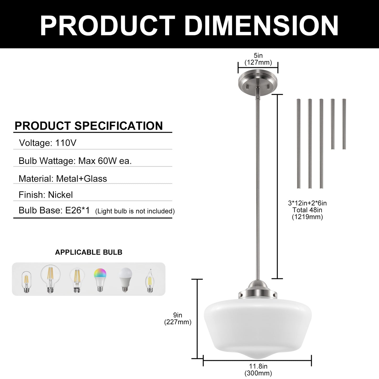 YANSUN 11.8 in. 1-Light Brushed Nickel Mini Dome Pendant Light with Milky Glass Shade and No Bulb Included