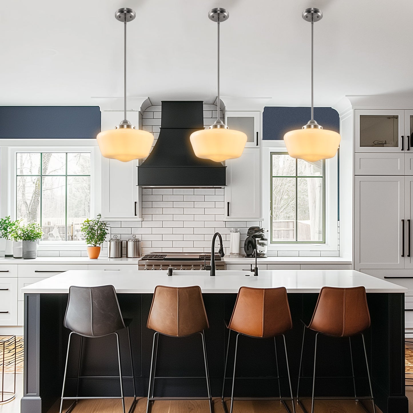 YANSUN 11.8 in. 1-Light Brushed Nickel Mini Dome Pendant Light with Milky Glass Shade and No Bulb Included