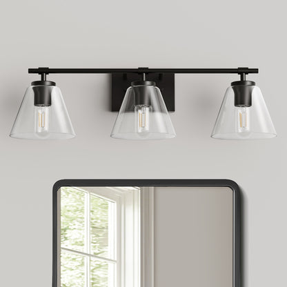YANSUN 25.4 in. 3 Light Black Vanity Light with Clear Cone Shades Modern Wall Light for Bathroom Mirror E26 Base