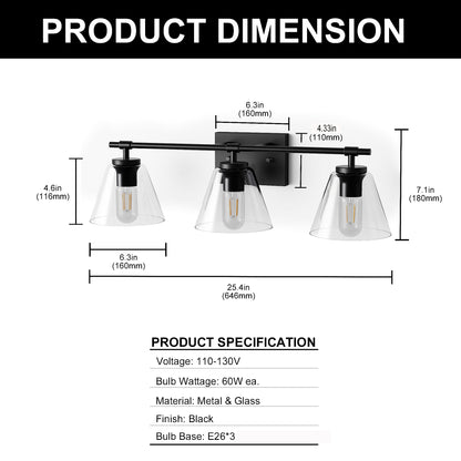 YANSUN 25.4 in. 3 Light Black Vanity Light with Clear Cone Shades Modern Wall Light for Bathroom Mirror E26 Base