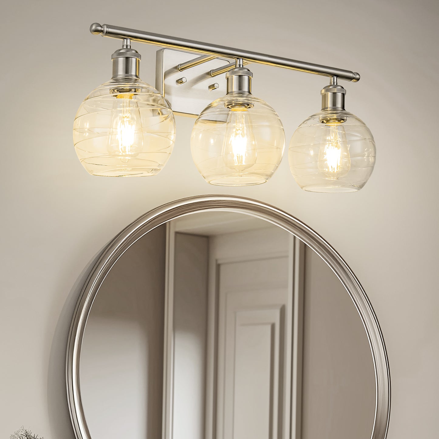 YANSUN 3-Light Nickel Bathroom Vanity Light with Swirl Design, Non-Integrated Bulbs, E26 Sockets