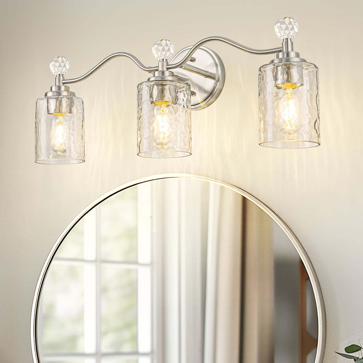 24 in. 3-Light Brushed Nickel Bathroom Vanity Light with Crystal Accents and Clear Hammered Glass Shades