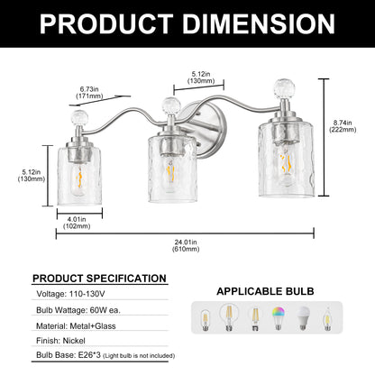 YANSUN 3-Light Nickel Finish Vanity Light E26 Bulb Not Included