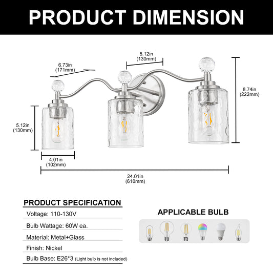 YANSUN 3-Light Nickel Finish Vanity Light E26 Bulb Not Included