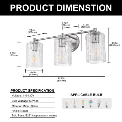20 in. 3-Light Bathroom Vanity Light, Polished Nickel with Clear Seedy Glass Shades, Dimmable Fixture