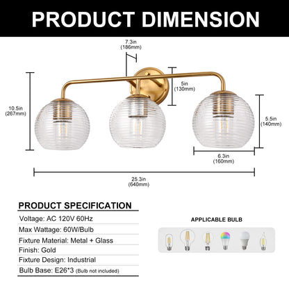 Modern 25 in. 3-Light Gold Vanity Light Fixture with Globe Textured Glass Shades for Over Mirror and Bathroom
