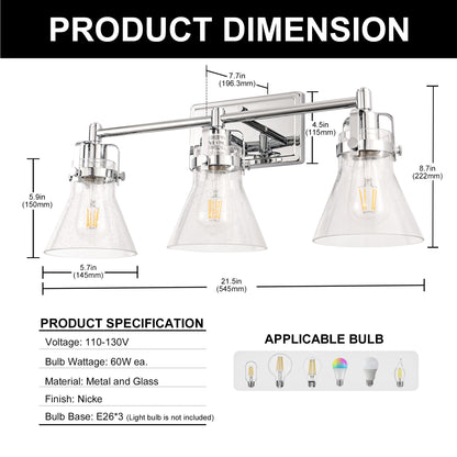 22 in. 3-Light Brushed Nickel Vanity Light for Bright, Affordable Bathroom Lighting??¡ìo?Cone Shade