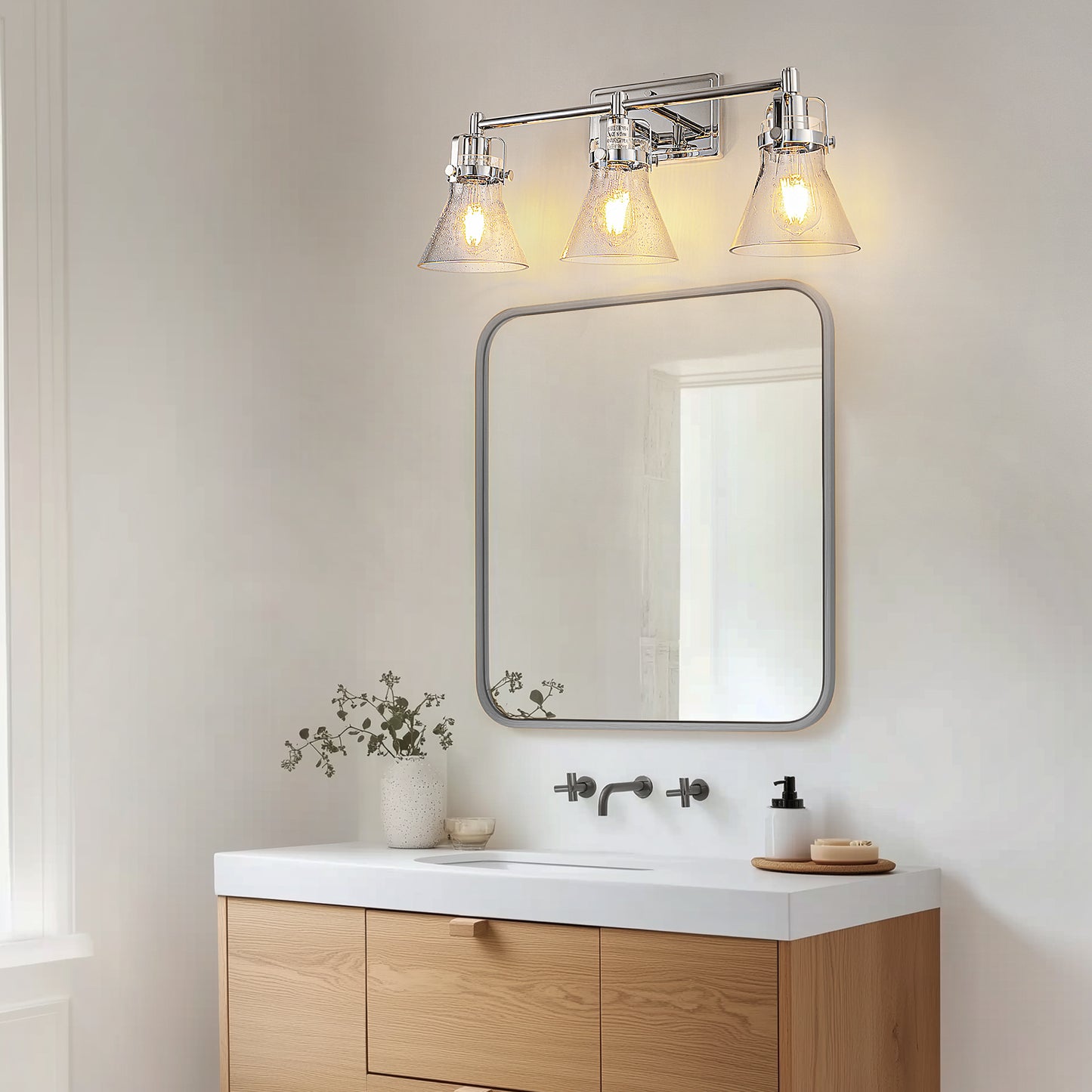 22 in. 3-Light Brushed Nickel Vanity Light for Bright, Affordable Bathroom Lighting??¡ìo?Cone Shade