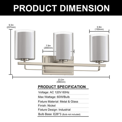 22 in. Industrial Brushed Nickel 3-Light Vanity Light, Clear Glass Shades and Sleek Design for Bathroom