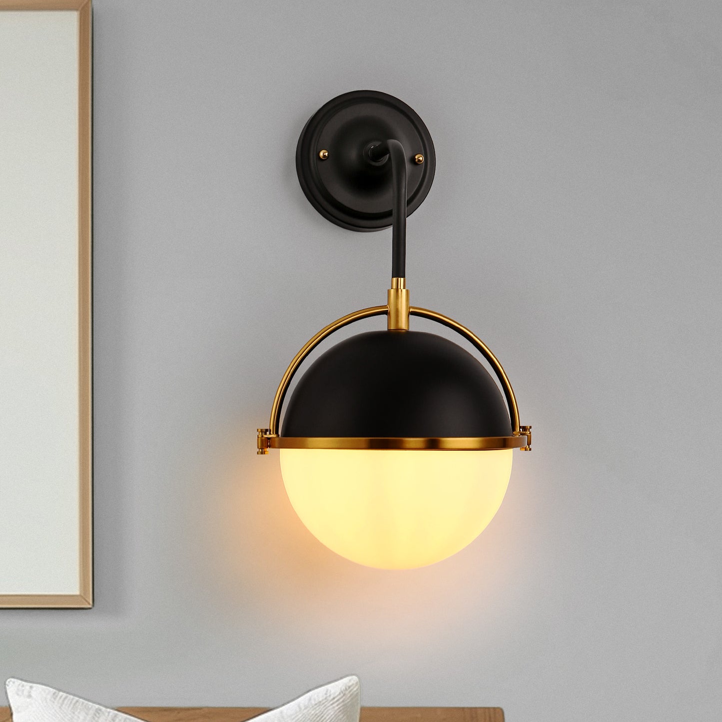 YANSUN 10 In. 1-Light Black and Gold Wall Sconce Modern Light Fixture for Bedroom or Hallway with White Globe Shade