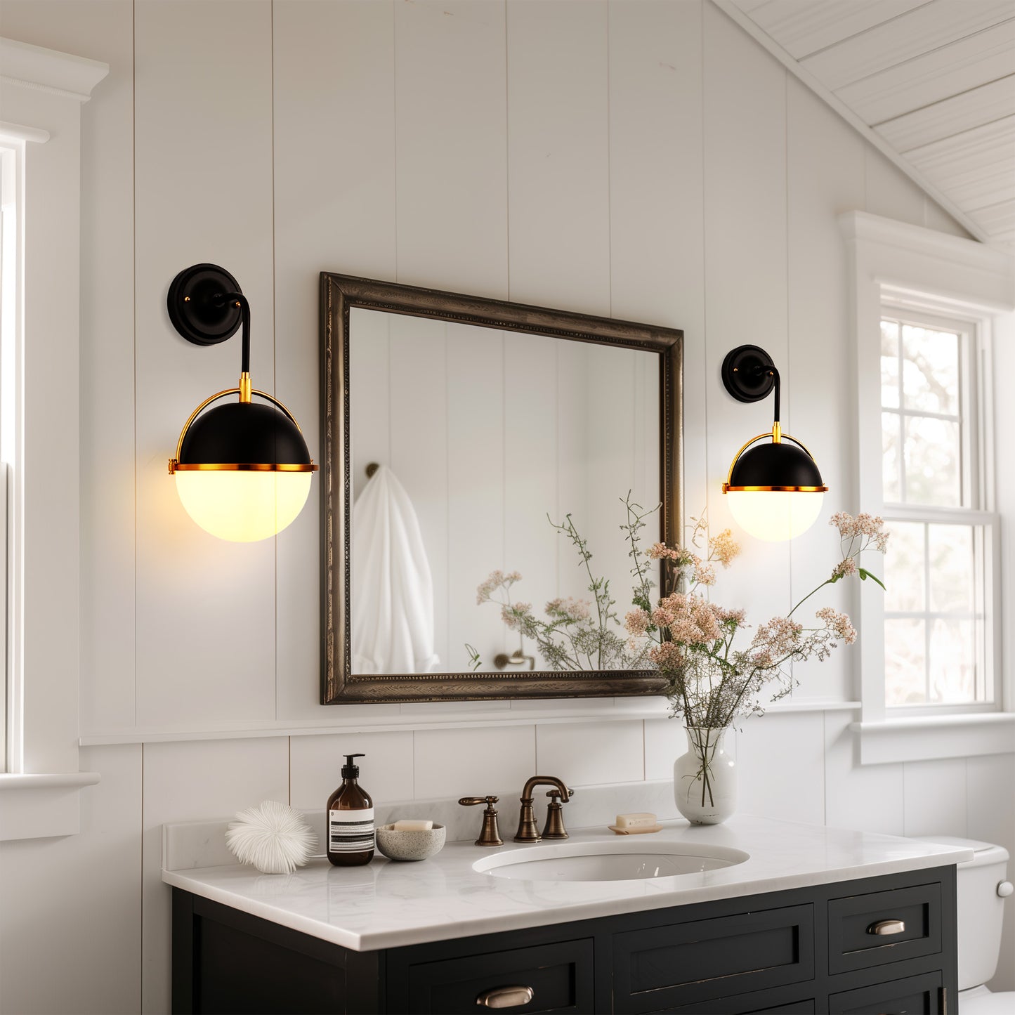 YANSUN 10 In. 1-Light Black and Gold Wall Sconce Modern Light Fixture for Bedroom or Hallway with White Globe Shade