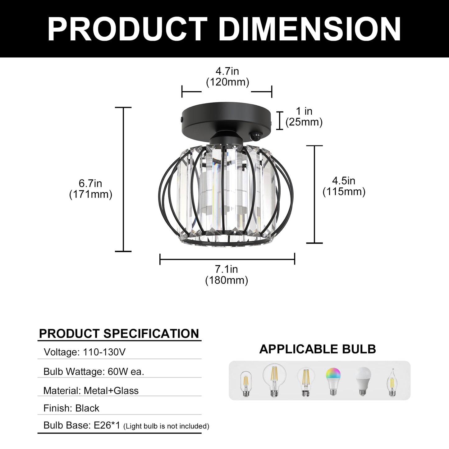 YANSUN Geometric Semi Flush Ceiling Light Black Metal Crystal with Motion Sensor E26