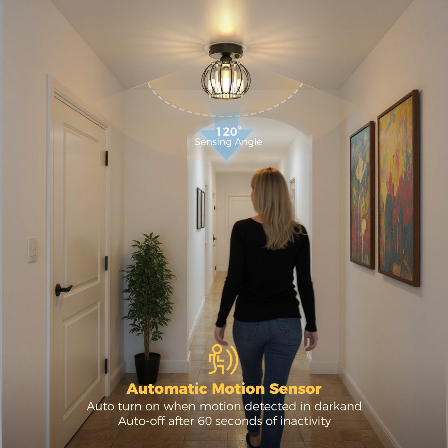 YANSUN Geometric Semi Flush Ceiling Light Black Metal Crystal with Motion Sensor E26