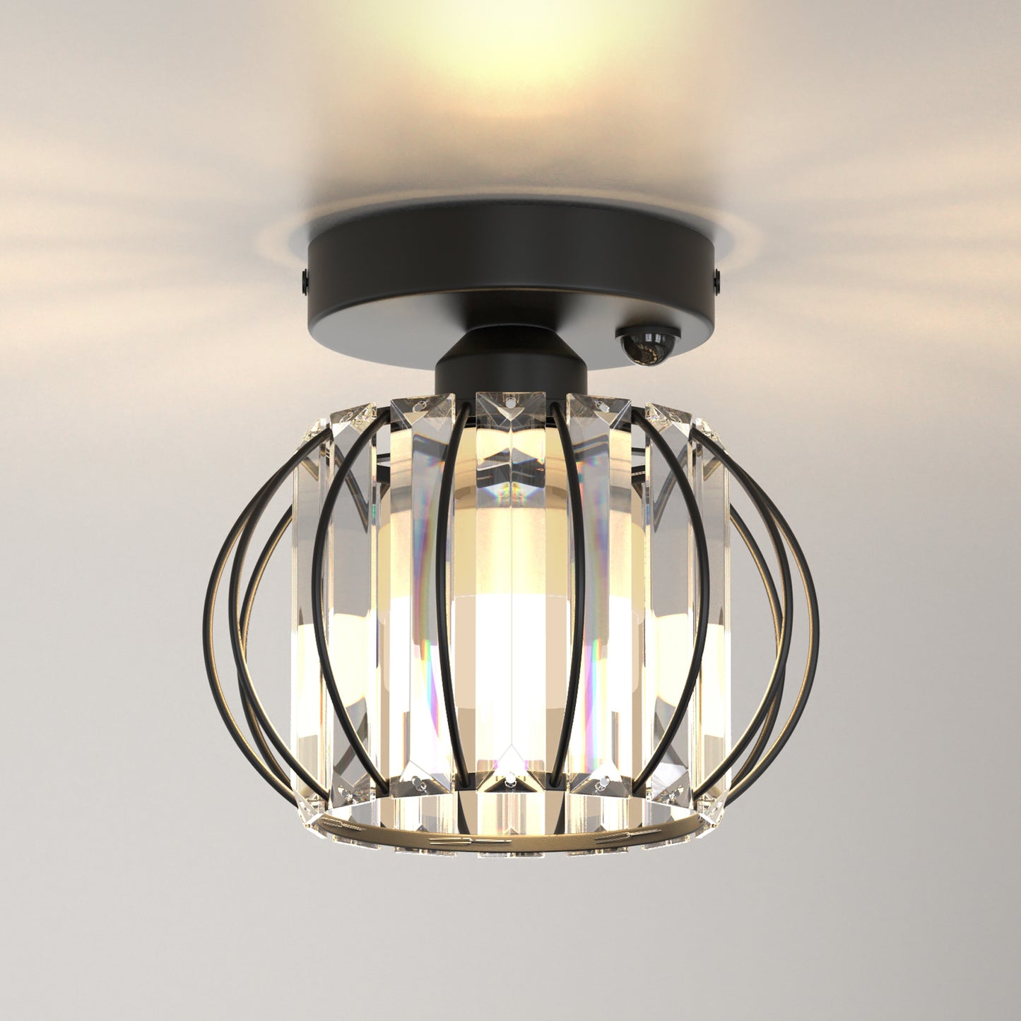 YANSUN Geometric Semi Flush Ceiling Light Black Metal Crystal with Motion Sensor E26