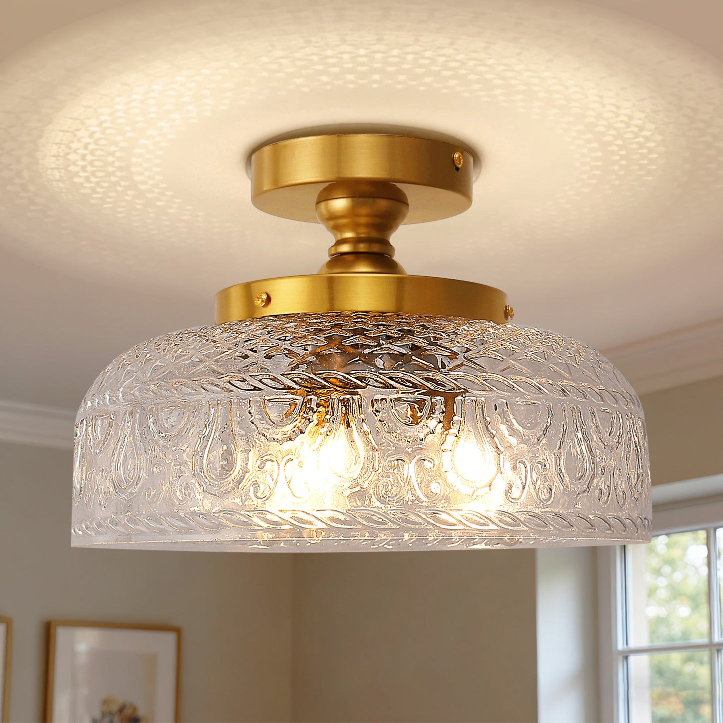 YANSUN 12.2in Brass Semi Flush Mount Ceiling Light with Globe Glass Shade 3-Light E12 Ceiling Fixture for Bedroom Hallway Kitchen