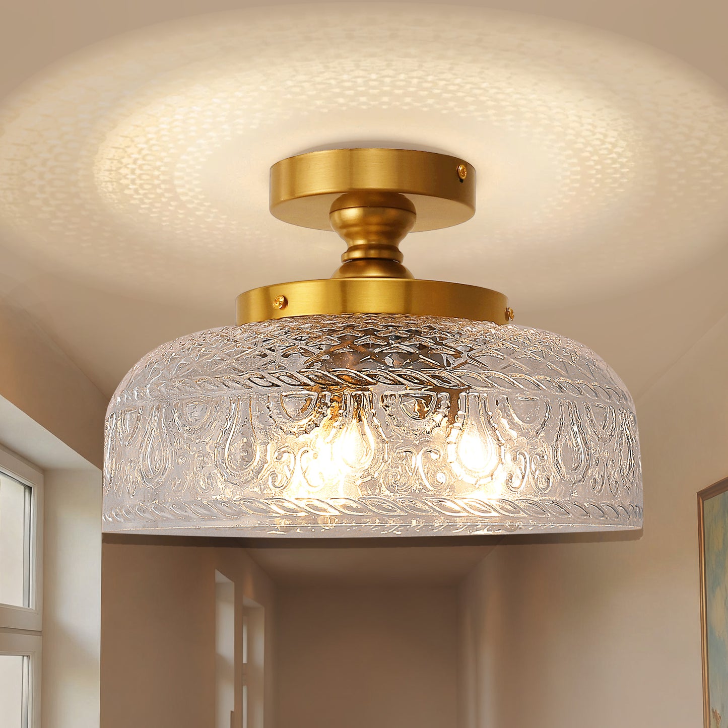 YANSUN 12.2in Brass Semi Flush Mount Ceiling Light with Globe Glass Shade 3-Light E12 Ceiling Fixture for Bedroom Hallway Kitchen