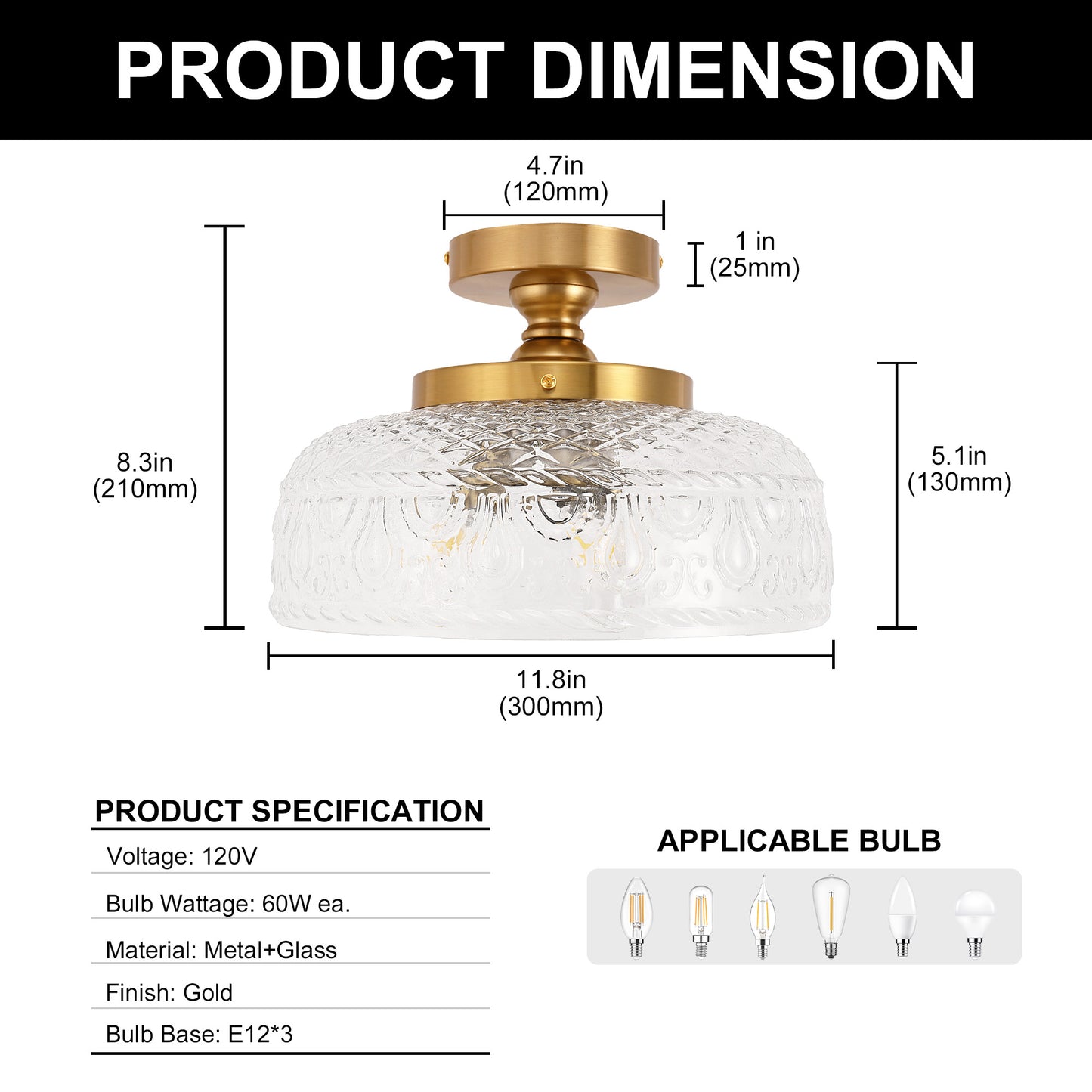 YANSUN 12.2in Brass Semi Flush Mount Ceiling Light with Globe Glass Shade 3-Light E12 Ceiling Fixture for Bedroom Hallway Kitchen