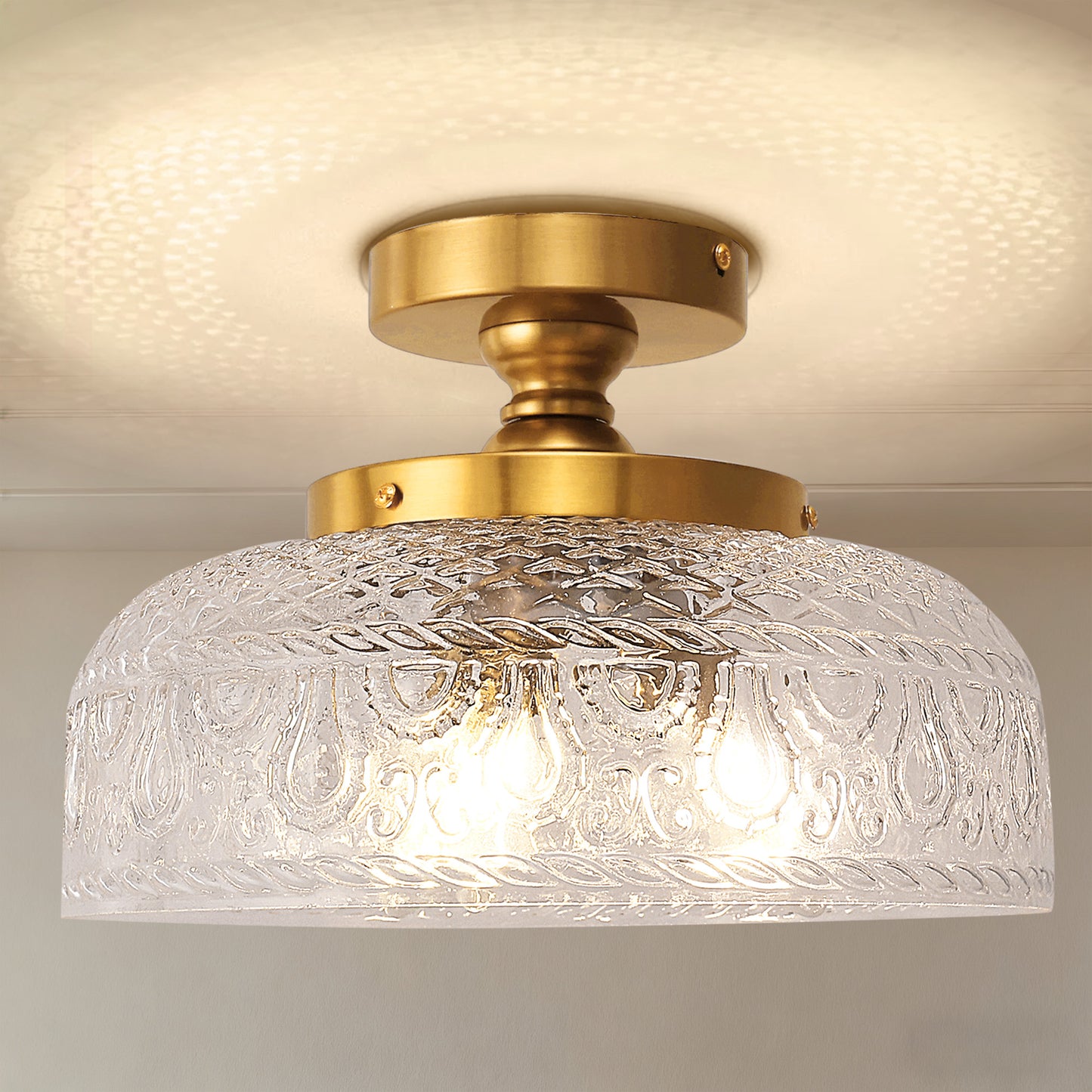 YANSUN 12.2in Brass Semi Flush Mount Ceiling Light with Globe Glass Shade 3-Light E12 Ceiling Fixture for Bedroom Hallway Kitchen