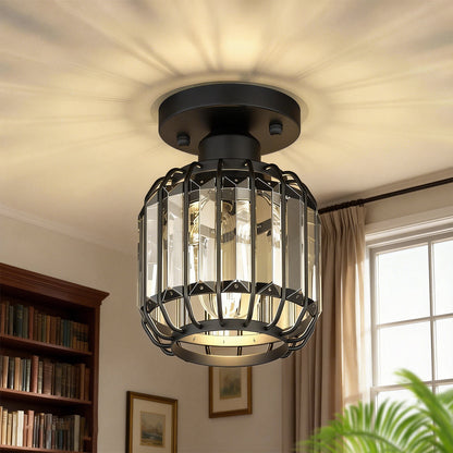 YANSUN 6.3 in. 1-Light Matte Black Traditional Semi Flush Mount Ceiling Light with Triangular Crystal Rods, No Bulbs Included