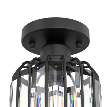 YANSUN 6.3 in. 1-Light Matte Black Traditional Semi Flush Mount Ceiling Light with Triangular Crystal Rods, No Bulbs Included