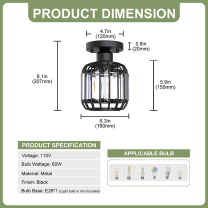 YANSUN 6.3 in. 1-Light Matte Black Traditional Semi Flush Mount Ceiling Light with Triangular Crystal Rods, No Bulbs Included