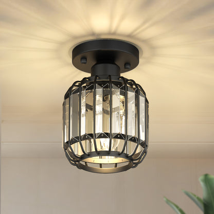 YANSUN 6.3 in. 1-Light Matte Black Traditional Semi Flush Mount Ceiling Light with Triangular Crystal Rods, No Bulbs Included