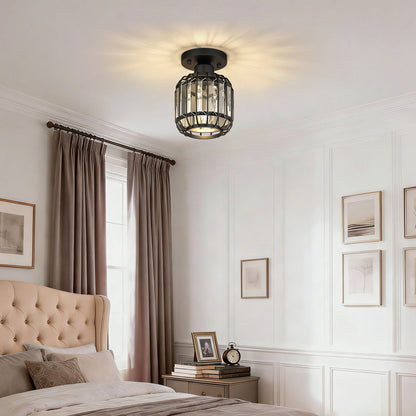 YANSUN 6.3 in. 1-Light Matte Black Traditional Semi Flush Mount Ceiling Light with Triangular Crystal Rods, No Bulbs Included