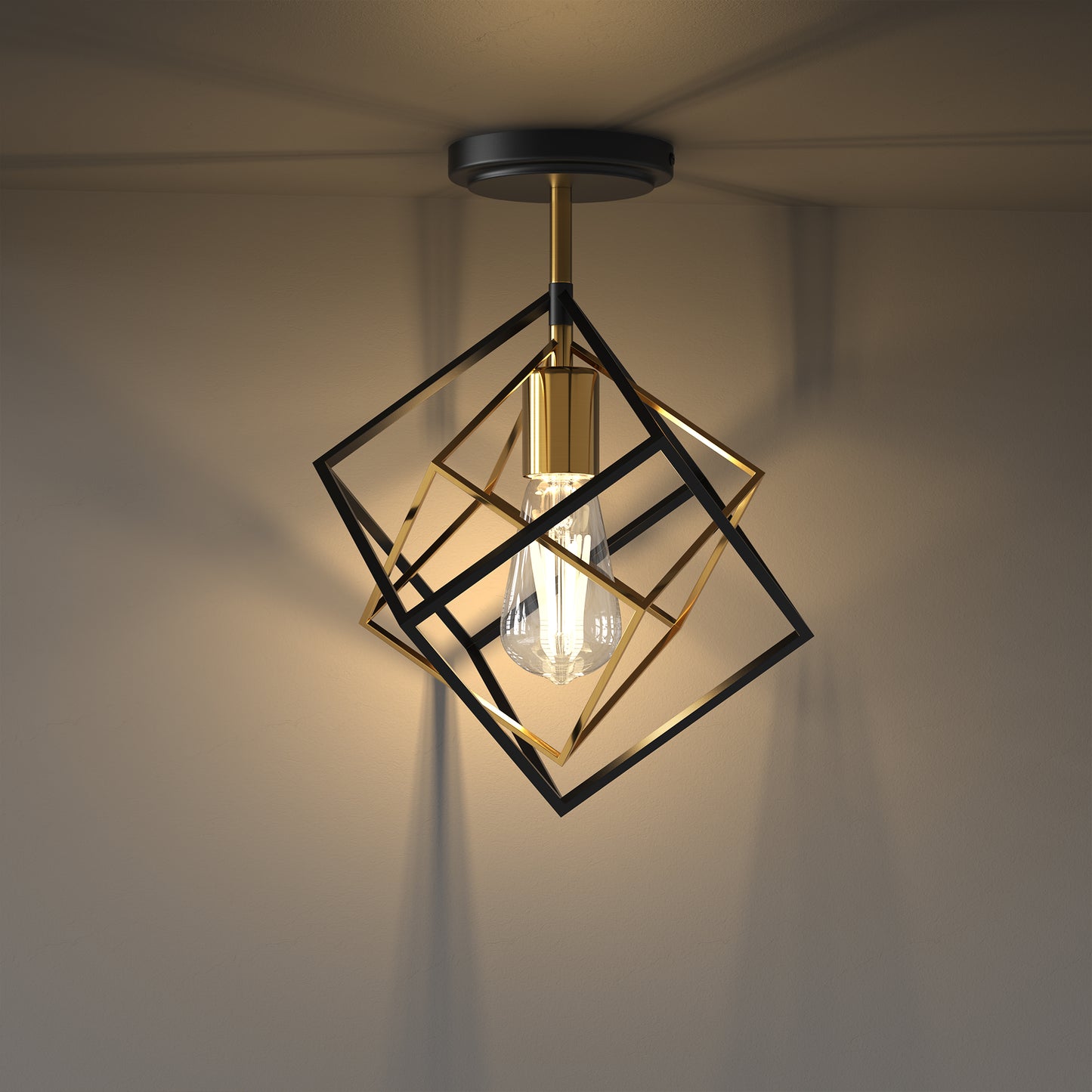 YANSUN Geometric Dual-Layer Flush Mount Ceiling Light, Black & Brushed Copper Finish, Modern Minimalist Design (6.3"x5.1")