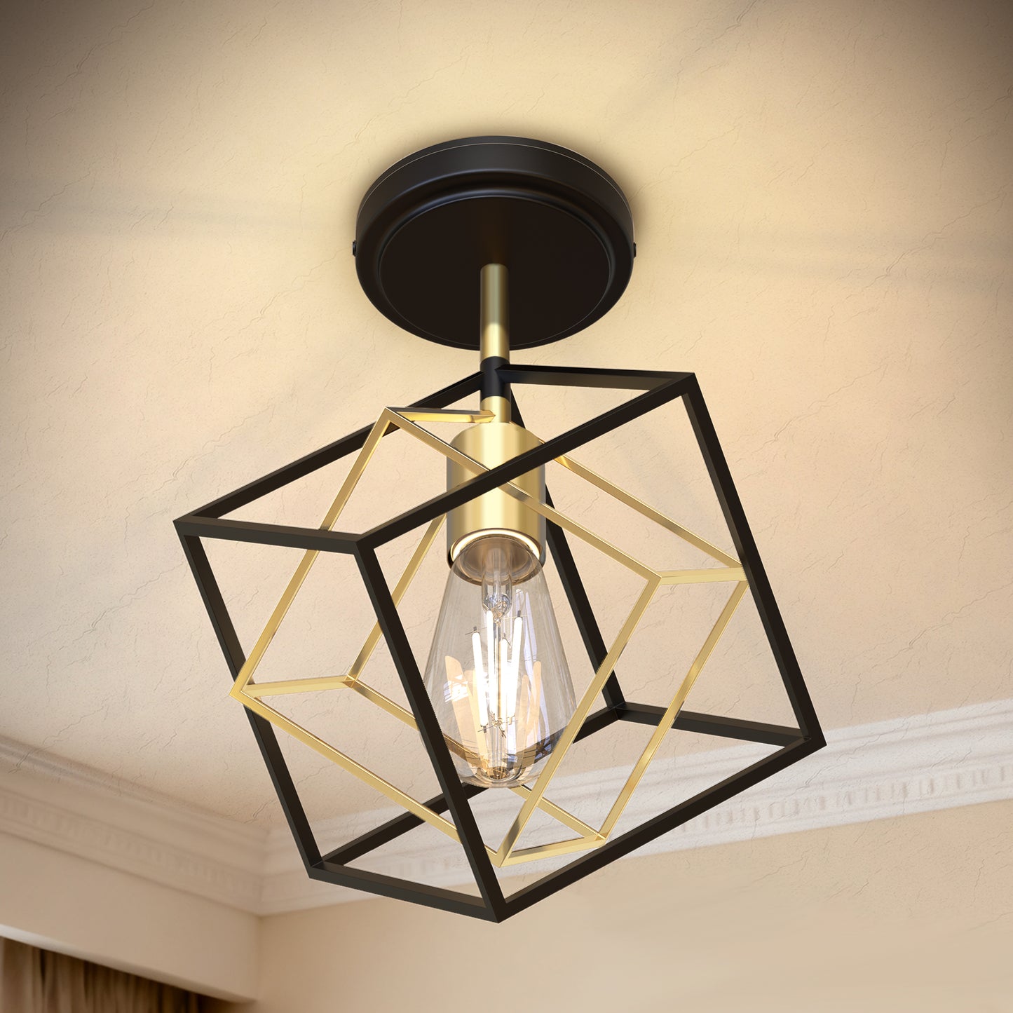 YANSUN Geometric Dual-Layer Flush Mount Ceiling Light, Black & Brushed Copper Finish, Modern Minimalist Design (6.3"x5.1")