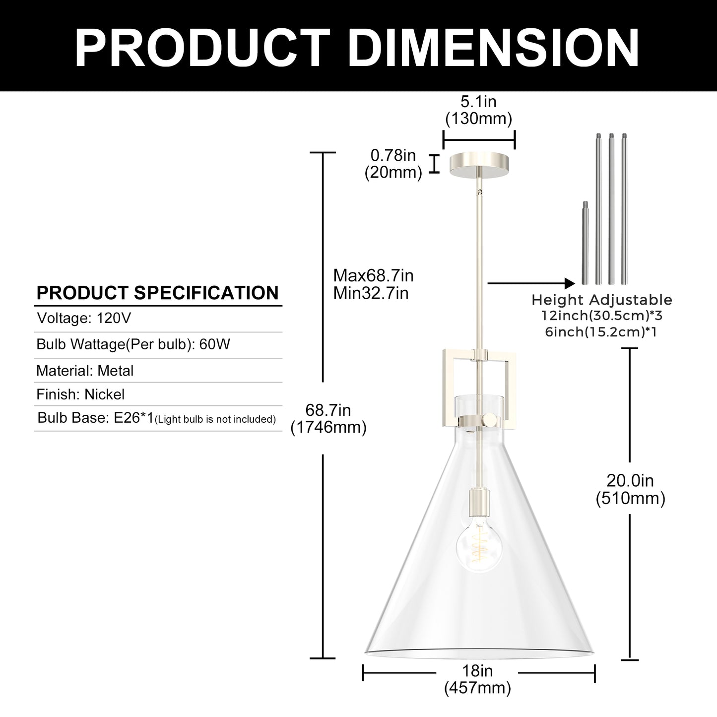 YANSUN 1-Light Nickel Pendant Light with Inverted Cone Shade and E26 Socket for Dining, Kitchen, or Entryway