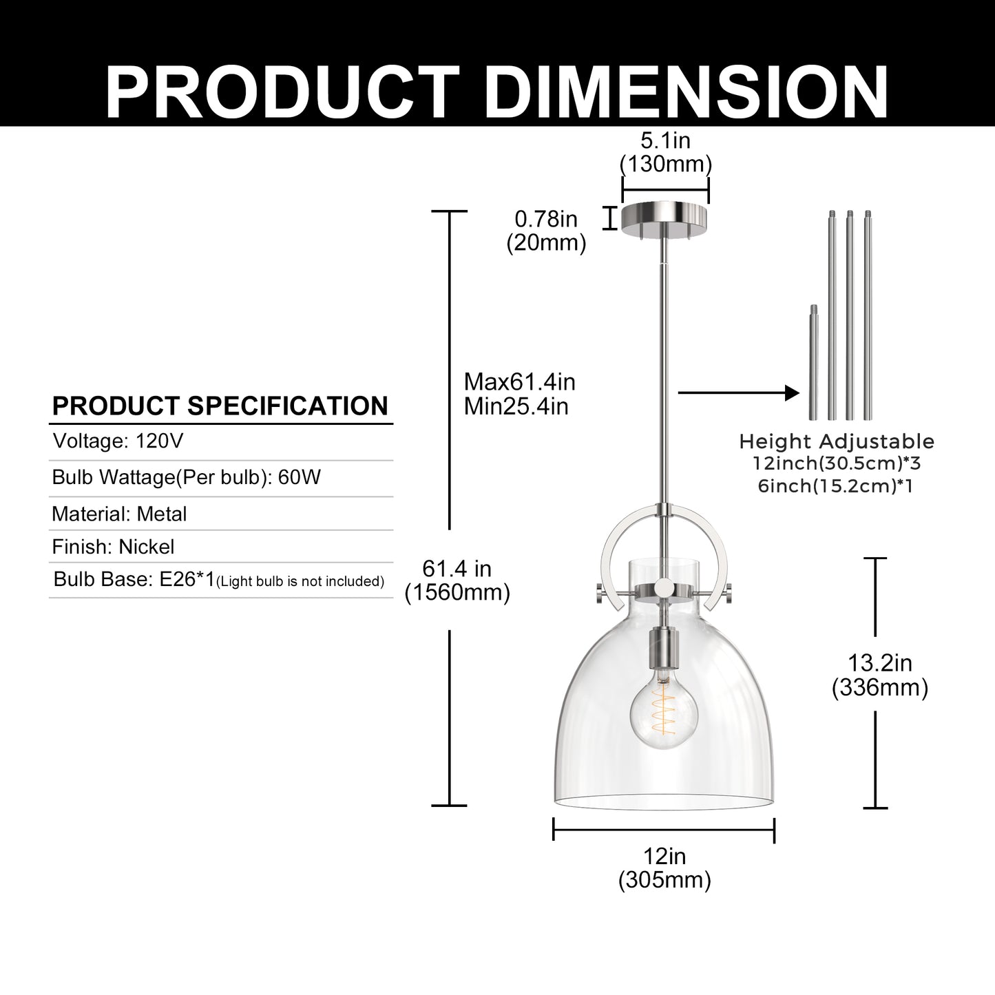 YANSUN 1-Light Nickel Pendant Light with Clear Glass Bell Shade E26 Base Mini Hanging Fixture No Light Bulb Included