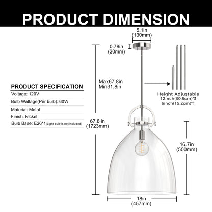 18 in. 1-Light Modern Industrial Pendant Light with Clear Glass Shade, Brushed Nickel for Kitchen Island and Dining Room