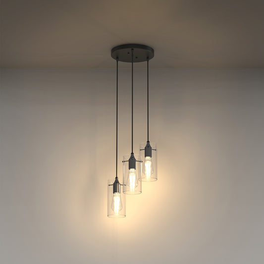 YANSUN 3-Light Pendant Chandelier / Hanging Light with Clear Cylindrical Glass Shades, Metal Black Finish, Adjustable 59in Cord
