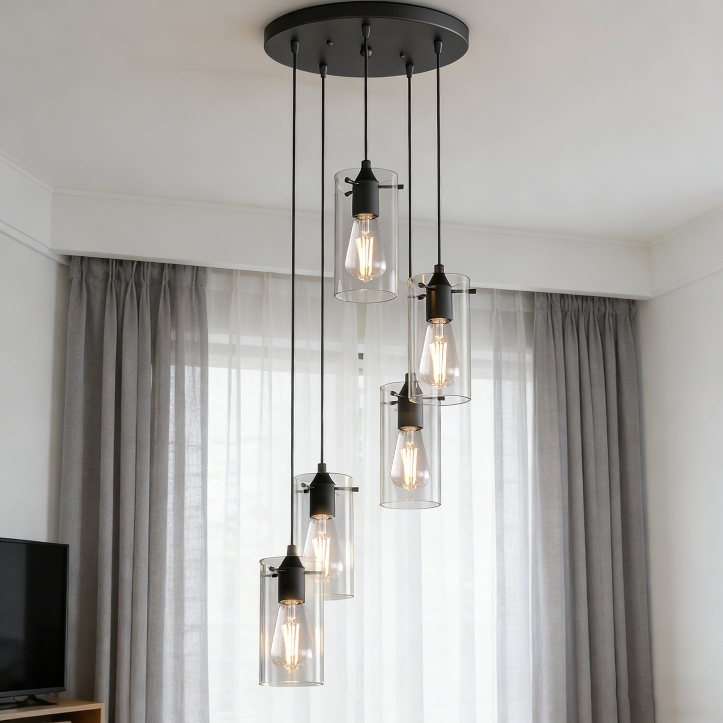 YANSUN 5-Light Modern Matte Black Pendant Light with Clear Glass Shade Traditional E26 Ceiling Light Fixture for Kitchen