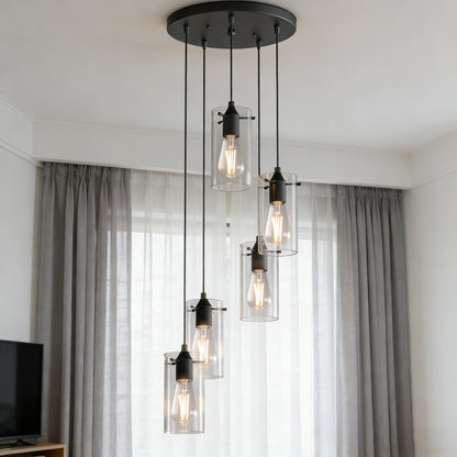 YANSUN 5-Light Modern Matte Black Pendant Light with Clear Glass Shade Traditional E26 Ceiling Light Fixture for Kitchen
