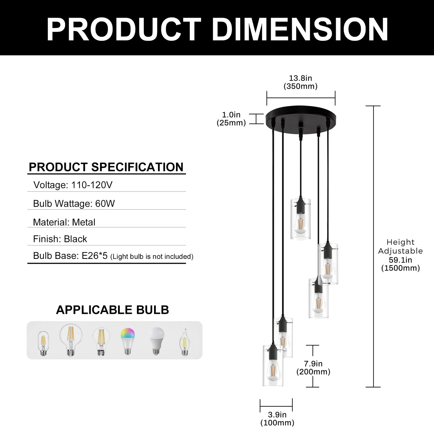 YANSUN 5-Light Modern Matte Black Pendant Light with Clear Glass Shade Traditional E26 Ceiling Light Fixture for Kitchen