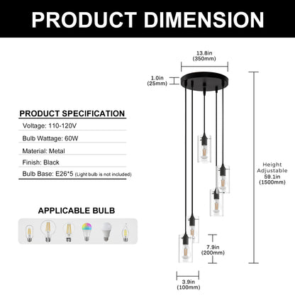 YANSUN 5-Light Modern Matte Black Pendant Light with Clear Glass Shade Traditional E26 Ceiling Light Fixture for Kitchen