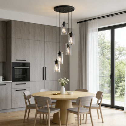 YANSUN 5-Light Modern Matte Black Pendant Light with Clear Glass Shade Traditional E26 Ceiling Light Fixture for Kitchen