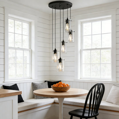 YANSUN 5-Light Modern Matte Black Pendant Light with Clear Glass Shade Traditional E26 Ceiling Light Fixture for Kitchen