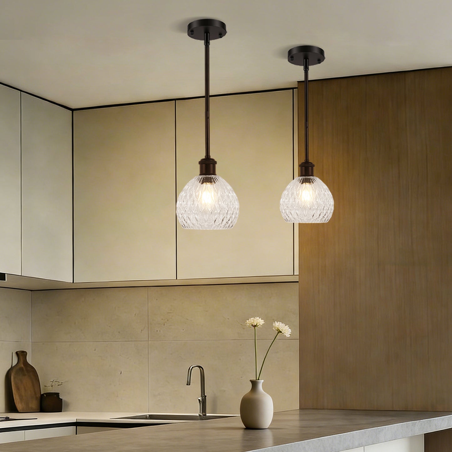 YANSUN 60 Watts 2-Pack 1-Light Matte Black Modern Pendant Light with Diamond Ripple Glass Shade and No Bulb Included