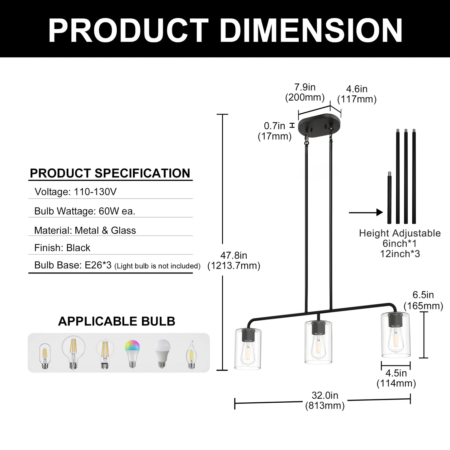 YANSUN 3-Light Island Pendant Light Fixture, Black, E26, No Bulbs, No Glass
