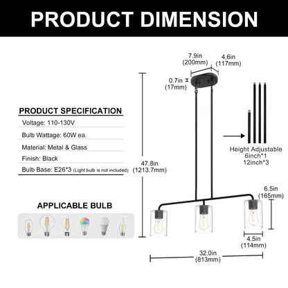 YANSUN 3-Light Island Pendant Light Fixture, Black, E26, No Bulbs, No Glass