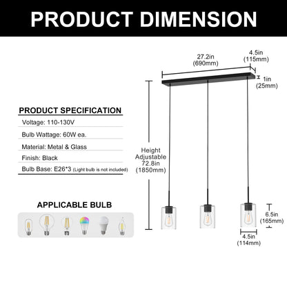 YANSUN 3-Light Black Metal Island Chandelier, E26 Socket, Hardware-Only Pendant Light, Modern Hanging Light for Kitchen, Dining Room
