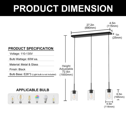 YANSUN 3-Light Black Metal Island Chandelier, E26 Socket, Hardware-Only Pendant Light, Modern Hanging Light for Kitchen, Dining Room