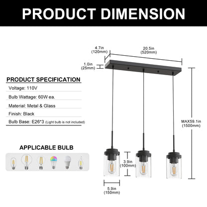 3-Light Cluster Kitchen Island Pendant Light with Matte Black Finish and Glass Shades for Dining Room No Bulbs Included