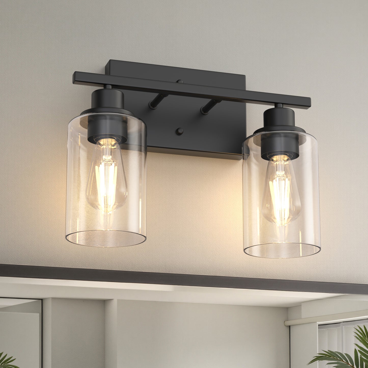 YANSUN 13.4 in. 2 Light Matte Black Vanity Light with Clear Cylinder Glass Shades for Industrial Bathroom Design