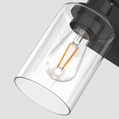 YANSUN 13.4 in. 2 Light Matte Black Vanity Light with Clear Cylinder Glass Shades for Industrial Bathroom Design