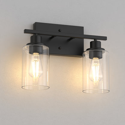 YANSUN 13.4 in. 2 Light Matte Black Vanity Light with Clear Cylinder Glass Shades for Industrial Bathroom Design