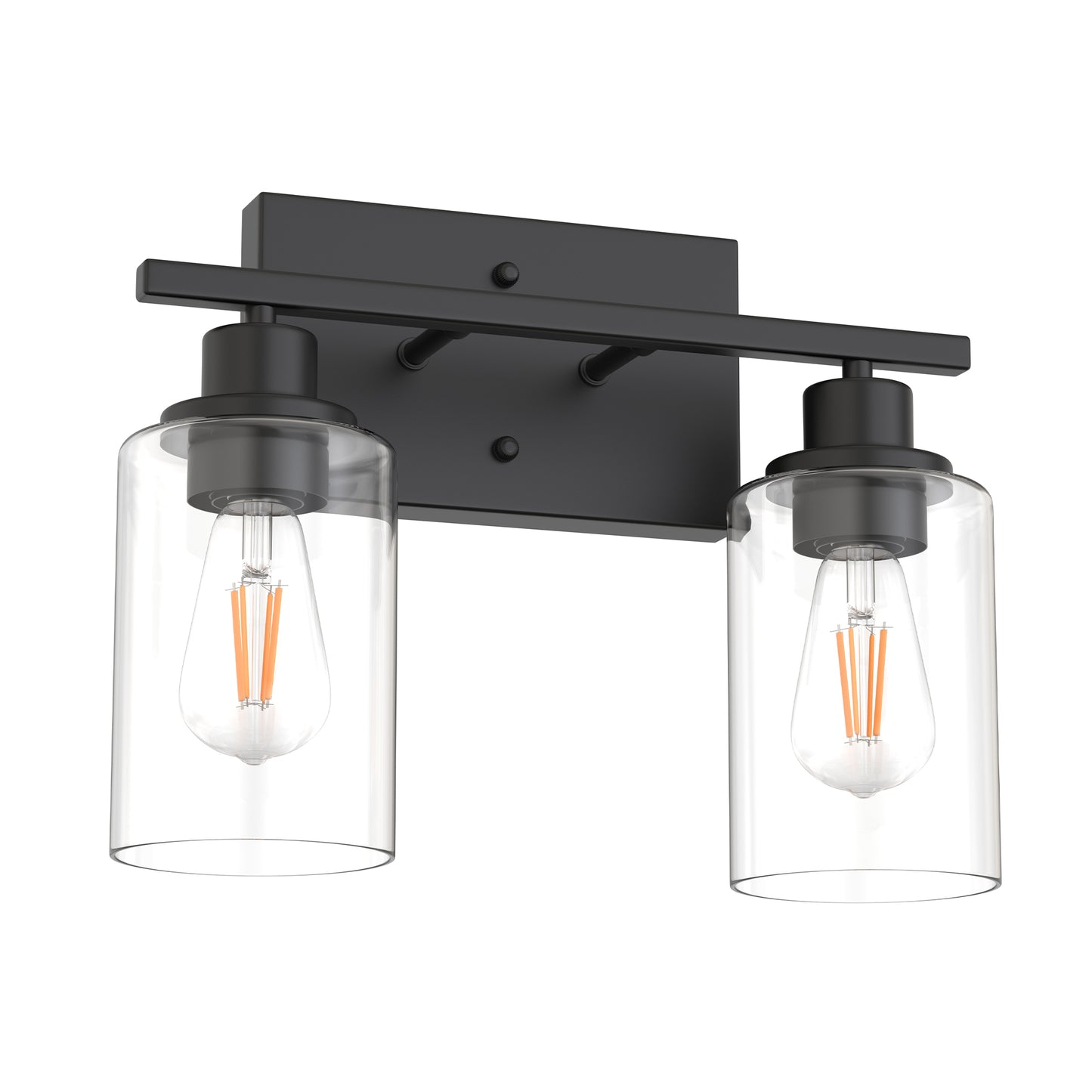 YANSUN 13.4 in. 2 Light Matte Black Vanity Light with Clear Cylinder Glass Shades for Industrial Bathroom Design